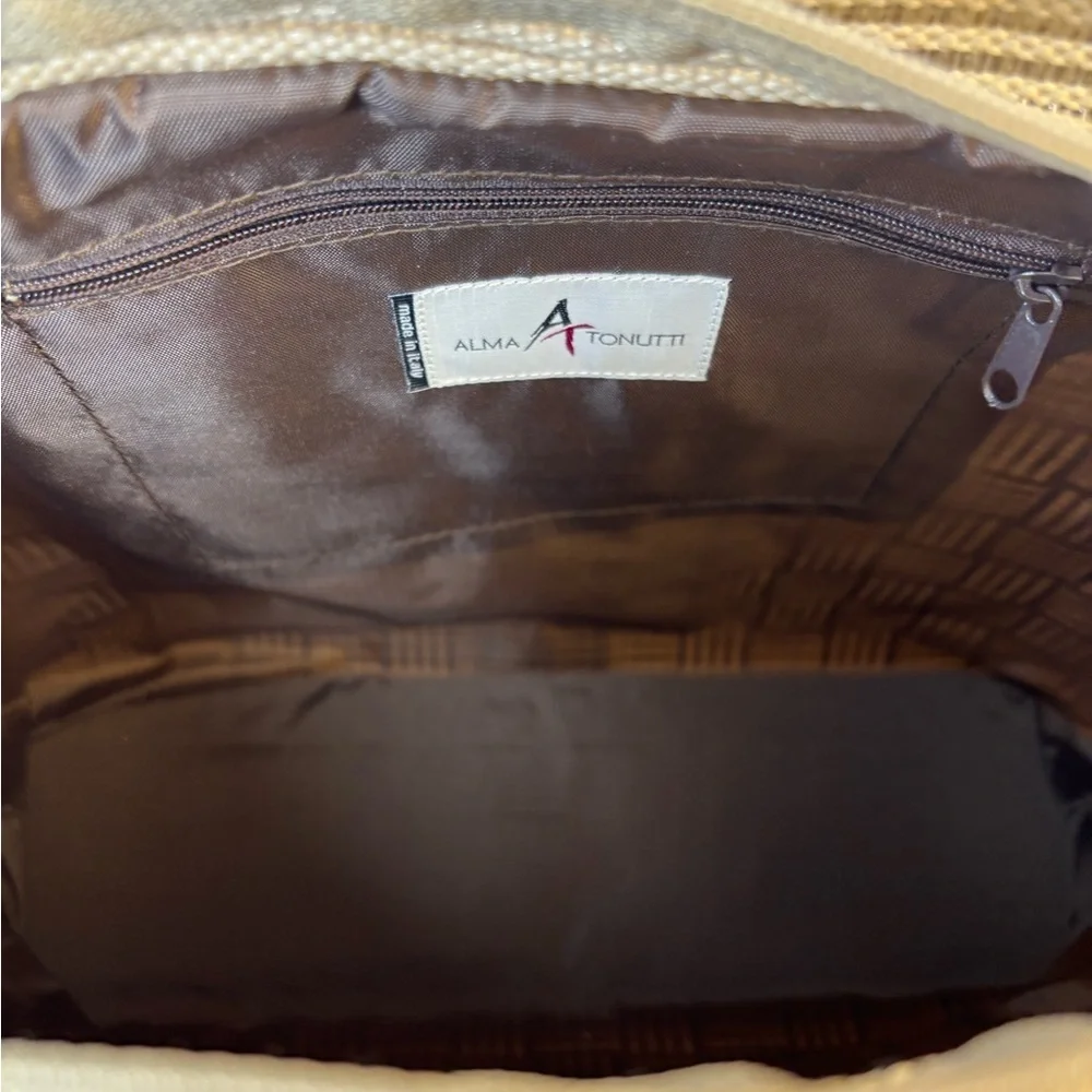 Alma‎ Tonutti Elegant Cream Woven Checkerboard w/Shimmery Detail Tote Bag NWOT